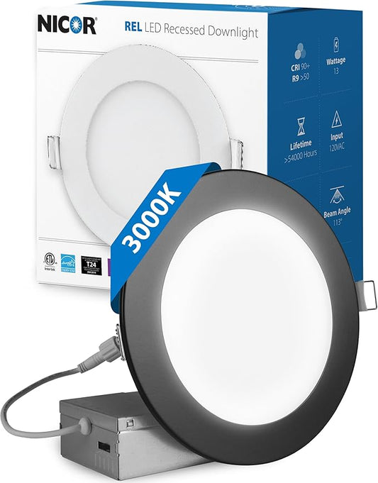 LED Downlight - Ultra-Thin 6 inch LED Recessed Light with Junction Box - 3000K, 902 Lumens, 11.8W, 120V, Dimmable LED Lights - REL6 Edge-Lit LED Ceiling Light, Black by NICOR Lighting