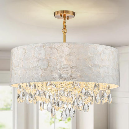 LumFurn X-Large 6-Light Drum Capiz Shell Crystal Chandeliers, Coastal Style Pendant Light Fixture for Dining Room, Living Room, D24 x H23~71 inch(Adjustable), Shell Lampshade & Gold Finish