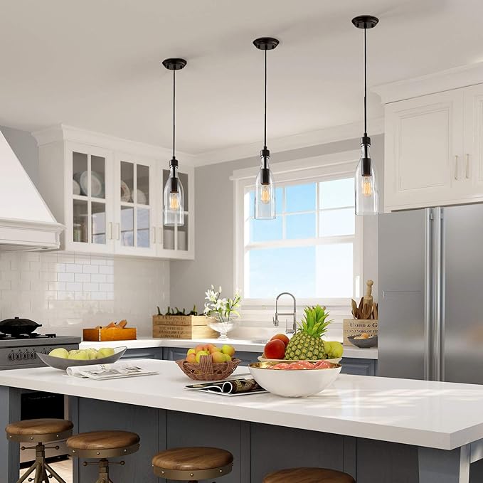 LNC Glass Pendent Lighting for Kitchen Island, Modern Farmhouse Glass Hanging Fixtures for Dining Room, 5” x 5” x 11.2”, 1-Light