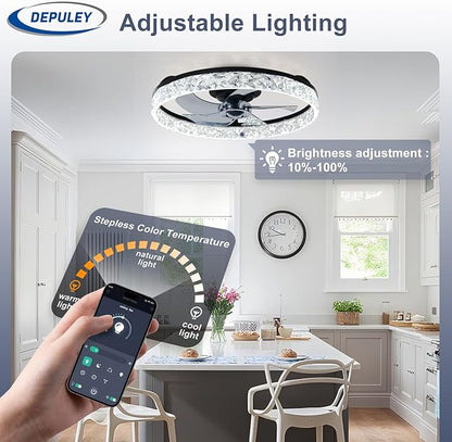 Depuley Bladeless Ceiling Fans with Lights: 20" Black Modern Low Profile Flush Mount Ceiling Fan with App Remote Control - Bedroom Enclosed Crystal Fandelier with Dimmable LED for Living Room Kitchen