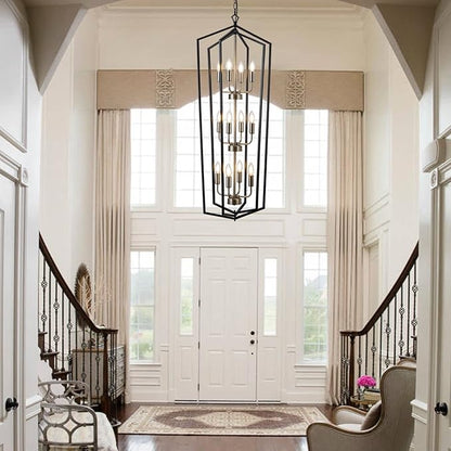 Lanhall 12-Light Lantern Tired Foyer Entryway Hanging Lights Farmhouse High Ceiling Pendant Lights Industrial Chandelier for Hall Foyer Entryway Living Room-Brushed Nickel