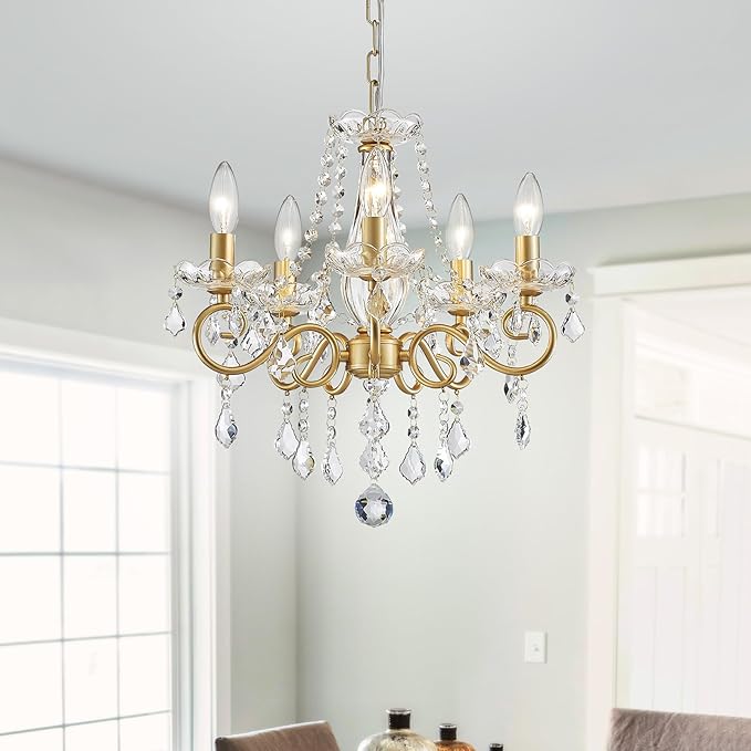 Mini Crystal Chandelier, Golden Crystal Lighting,5-Light Modern Chandelier for Living Room Kitchen Island Entryway Bedroom