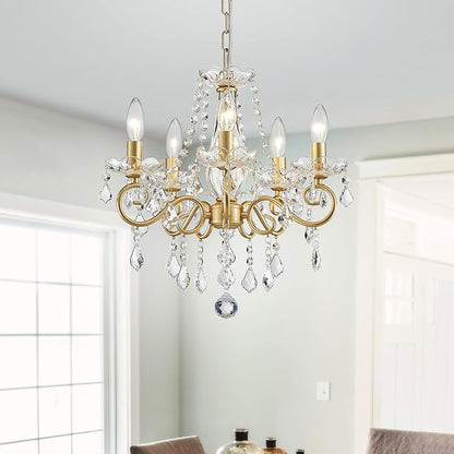 Mini Crystal Chandelier, Golden Crystal Lighting,5-Light Modern Chandelier for Living Room Kitchen Island Entryway Bedroom