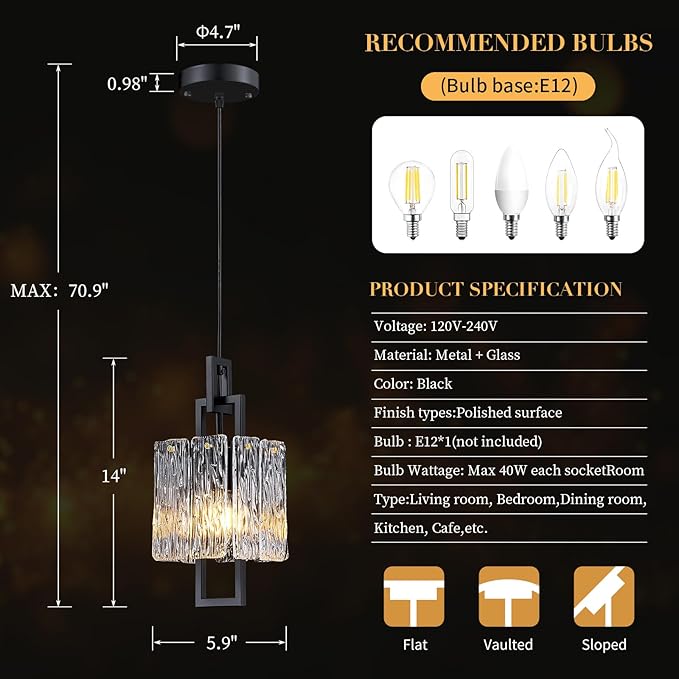 Modern Black Pendant Light Fixtures for Kitchen Island and Dining Room, Industrial Mini Small Hanging Crystal Chandelier Lights Fixture for Entryway Hallway Foyer Living Room Bedroom 1-Pack