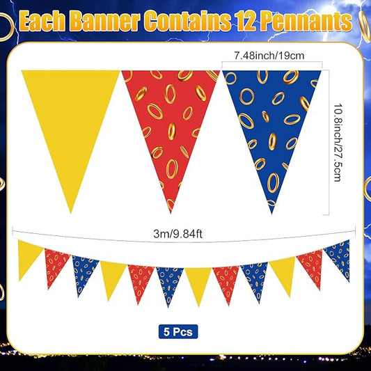 Hestya 5 Pcs 49 Ft Blue with Gold Ring Pennant Banner, Cartoon Themed Birthday Party Decor Video Games Triangle Flag Bunting Garland for Baby Shower Birthday Supplies