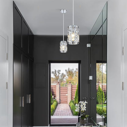 MEXO Modern Crystal Pendant Light Fixture Chrome Finish Hanging Lighting Crystal Chandelier for Kitchen Island Dinning Room Living Room Hallyway Porch Bedroom Lamp