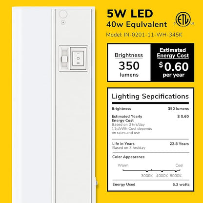 Getinlight 12-inch Hardwired Only 3 Color LED Under Cabinet Lighting, Selectable 3000K/4000K/5000K, Dimmable, Matte White Finished, ETL Listed, IN-0201-11-WH-345K