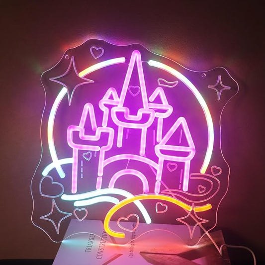 Magic Castle Fairy Tale Neon Light - Princess Pink Blue LED Wall Lamp for Girls Bedroom Decor, Dimmable USB Night Light with Hanging Kit, Enchanted Birthday Party Wall Art Gift for Kids