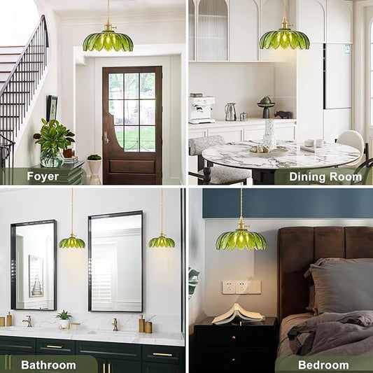 3 Pack Glass Pendant Lights Kitchen Island, Vintage Brass Pendant Light Fixtures, Adjustable Green Kitchen Pendant Lighting Over Island for Bedroom Living Room Hallway Dining Room