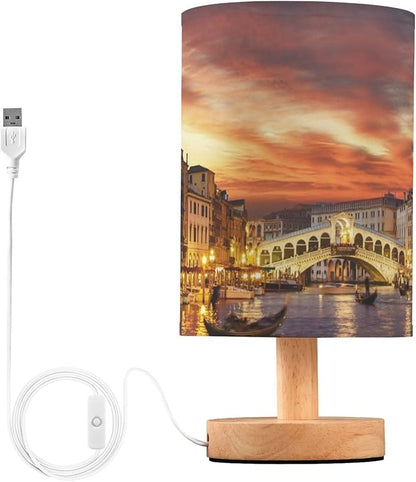Italy Sunset Venice Cityscape Table Lamp with Wood Base Fabric Lamp Shade Bedside Nightstand Desk Lamp for Living Room Bedroom Kids Room Office