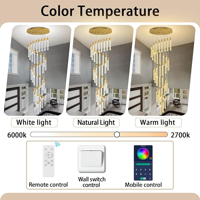 Extra Long Crystal Chandelier for High Ceiling, 36-Light Gold Crystal Column Chandeliers, Modern Dimmable LED Light Fixtures for Foyer, Staircase, Hotel Lobby