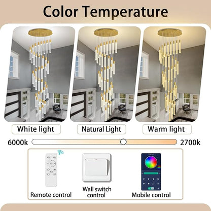 Extra Long Crystal Chandelier for High Ceiling, 36-Light Gold Crystal Column Chandeliers, Modern Dimmable LED Light Fixtures for Foyer, Staircase, Hotel Lobby