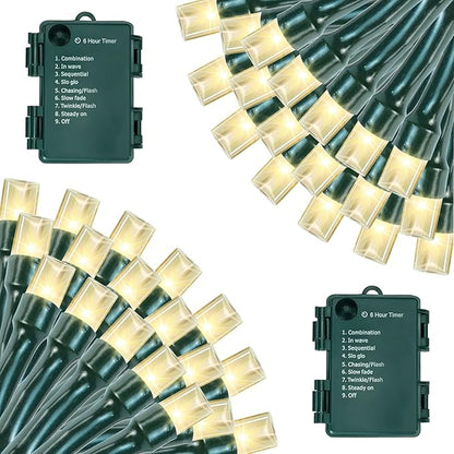 Battery Operated Christmas Lights, 33 FT 100 LED Mini String Lights with Timer and 8 Modes, Green Wire Outdoor Waterproof String Lights for Indoor Holiday Party Garden Decor, Warm White 2 Pack