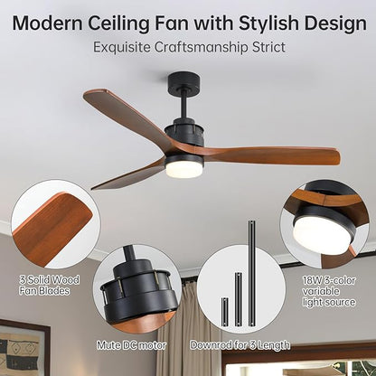 Sofucor 60 inch Ceiling Fan with Lights and Remote, Modern Large LED Ceiling Fan with 3 Walnut Blades and 3 Black Downrods, for Indoor Living Room Bedroom Outdoor Patio Porch, Reversible DC Motor