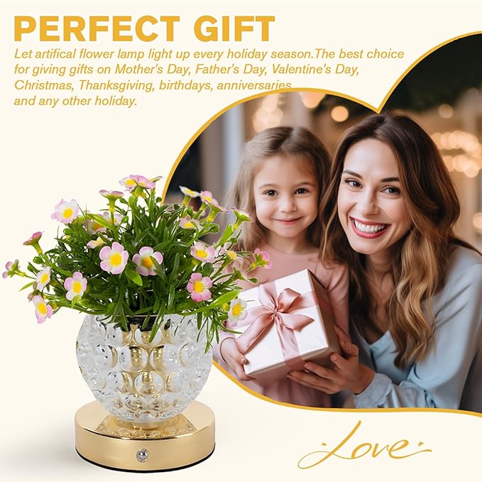 Flower Table Lamp, 3 Colors Touch Dimming Daisy Night Light, Rechargeable Artificial Flower Light, LED Flower with Vase Lamp Romantic Decor for Date Party Home (Pink-Heronsbill)
