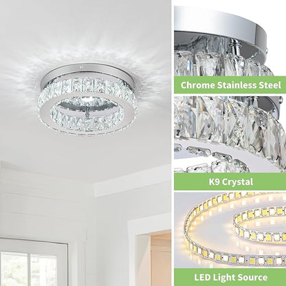HOPGGIE 11.8“ Mini Crystal Chandelier LED Ceiling Light Flush Mount Ceiling Light Fixtures Modern Chandelier Lighting for Kitchen Closet Hallway Bedroom Foyer Laundry Room (Cool white-11.8")