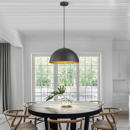 15.7" Farmhouse Pendant Lights Kitchen Island,Black and Silver Hammered Large Industrial Chandelier,Adjustable Metal Dome Pendant Lights for Dining Room,Bedroom,Hallway