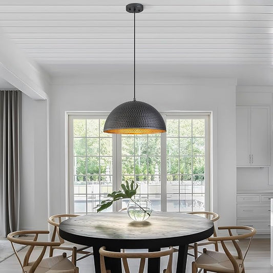 15.7" Farmhouse Pendant Lights Kitchen Island,Black and Silver Hammered Large Industrial Chandelier,Adjustable Metal Dome Pendant Lights for Dining Room,Bedroom,Hallway