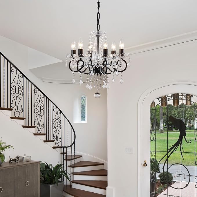 Black Crystal Chandelier, 6-Light European Candle Style Pendant Light, Luxury Decorative Ceiling Light for Living Room Dining Room Bedroom