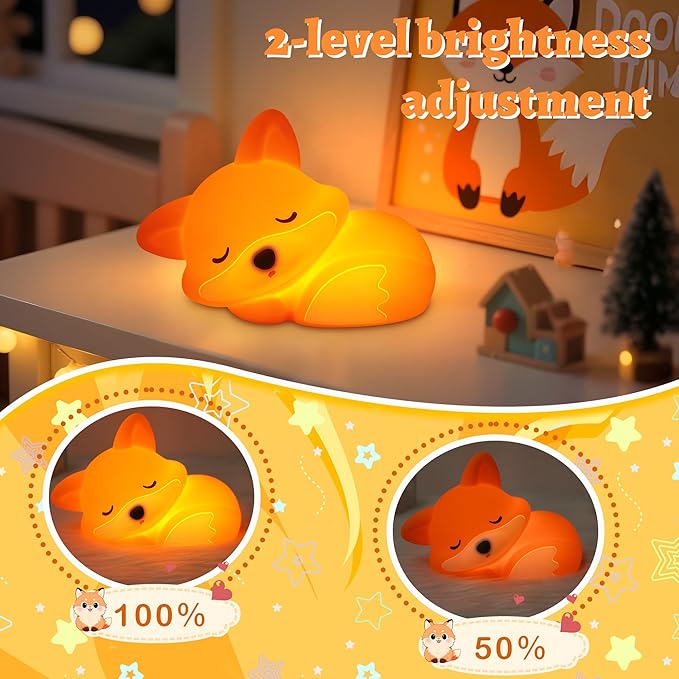 OkiyiD Fox Night Light for Boys Girls, Dimmable Squishy Fox Silicone Animal Lamp, Cute Foxes Gifts Decor Nightlight for Birthday Xmas Gifts