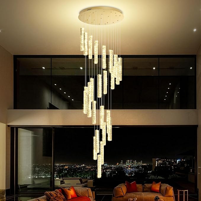 Large Crystal Chandeliers 130inches Long Spiral Staircase Chandelier for High Ceiling Foyer Entrance Modern LED Dimmable Chandelier 25-Lights Gold