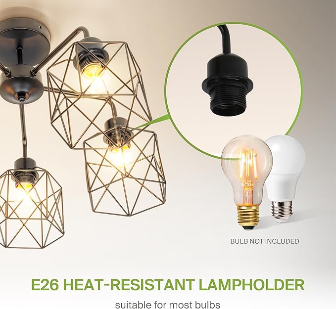 ASD Black Chandelier Semi Flush Mount Ceiling Light Fixture- 5xE26 120V ETL Modern Light Fixtures Ceiling Mount, Semi Flush Mount Chandelier for Entryway, Bedroom, Foyer Lighting Fixtures