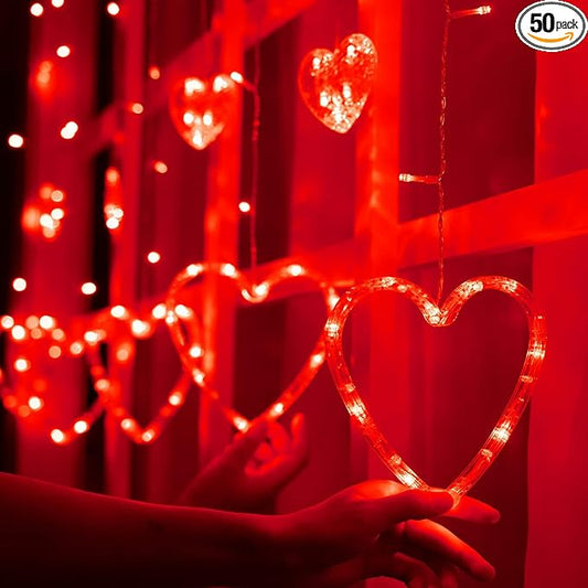 Efunly Valentines Day Decor Lights,138 LED 12-Heart-Shaped String Lights Waterproof,8 Modes Connetable 29V Plug in Curtain Lights for Kids Bedroom Wedding Party Valentines Day Decoration (Red)