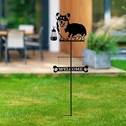 ANGELLOONG 51" Solar Corgi Silhouette Dog Welcome Sign with Lantern, Outdoor Decorative Corgi Gifts for Garden Yard Lawn Patio Pathway
