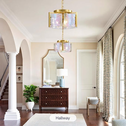 Gold Glass Chandelier for Dining Room,3 Light Pendant Lighting Modern Kitchen Chandeliers Over Table Drum Light Fixture Ceiling Hanging Round Chandelier for Bedroom Living room Entryway Foyer Bathroom