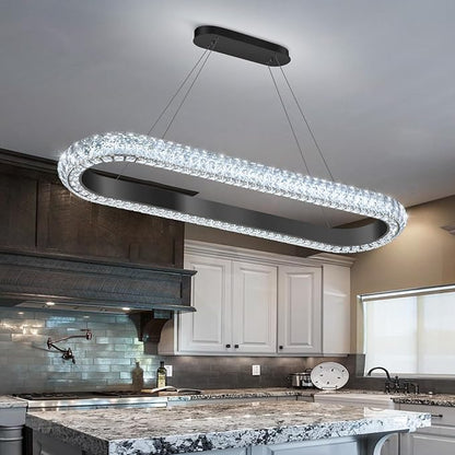 40'' Oval Ring Crystal Chandelier Modern LED Dimmable Ring Pendant Light Chandelier for Dining Room Living Room Black