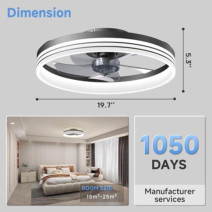 VOLISUN Low Profile Ceiling Fans with Lights and Remote, 19.7in Flush Mount Ceiling Fan with Light, 3000K-6500K Dimmable Fandelier LED Fan Light, Black Bladeless Ceiling Fans with Lights for Bedroom