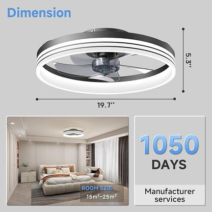 VOLISUN Low Profile Ceiling Fans with Lights and Remote, 19.7in Flush Mount Ceiling Fan with Light, 3000K-6500K Dimmable Fandelier LED Fan Light, Black Bladeless Ceiling Fans with Lights for Bedroom