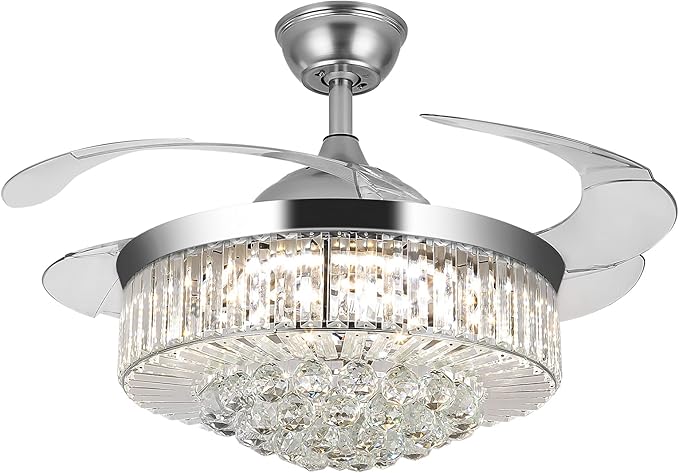 WWahuayuan 36" Chandelier Ceiling Fan Light, Modern Retractable Invisible Ceiling Fan Light Remote Control 4 Retractable ABS Blades for Bedroom Living Room Dining Room Decoration