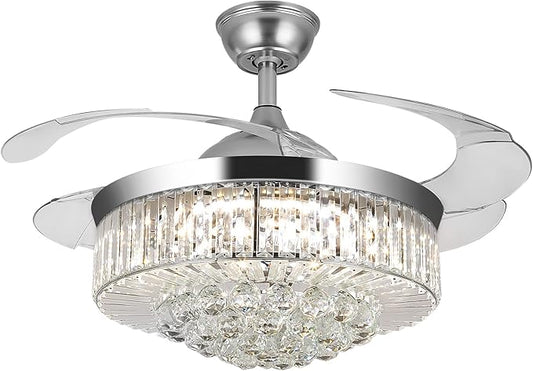 WWahuayuan 36" Chandelier Ceiling Fan Light, Modern Retractable Invisible Ceiling Fan Light Remote Control 4 Retractable ABS Blades for Bedroom Living Room Dining Room Decoration