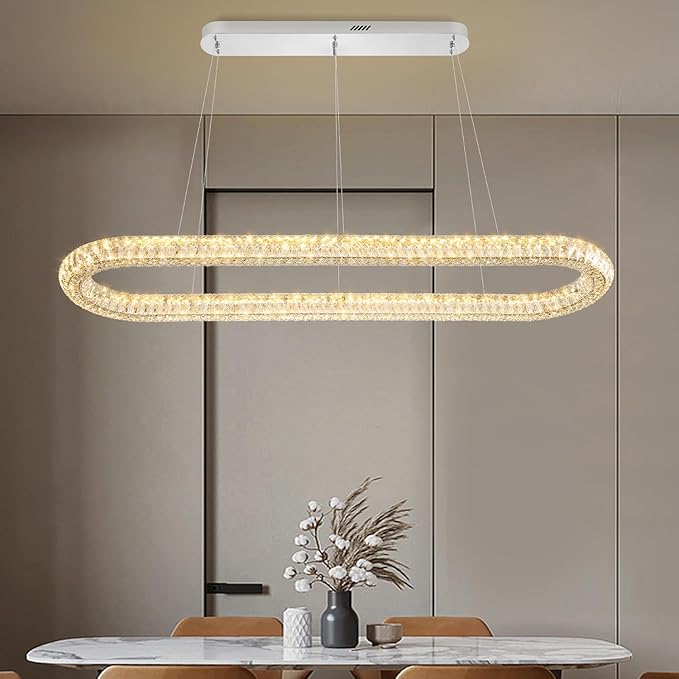 Large Led Ring Chandelier for Living Room 55in Oval Crystal Ring Pendant Light for Kitchen Island Modern Linear Oval Chandeliers Over Table Dimmable 3000K-6000K