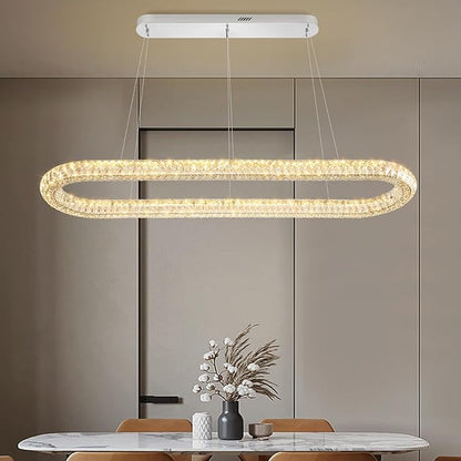 Large Led Ring Chandelier for Living Room 55in Oval Crystal Ring Pendant Light for Kitchen Island Modern Linear Oval Chandeliers Over Table Dimmable 3000K-6000K