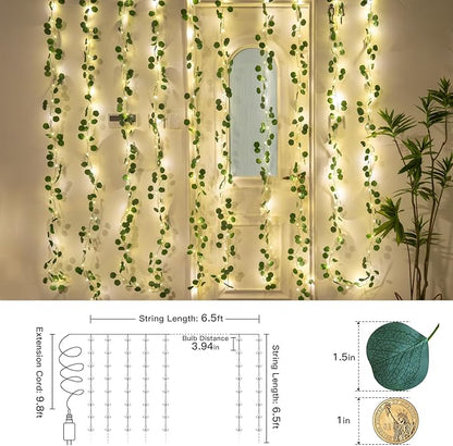suddus 200 LED Vine with Light Plug in, 6.5ft x 6.5ft Eucalyptus Fairy Curtain Lights with Remote, Leaf Fairy Lights for Wall,Bedroom, Dorm, Wedding, Party, Indoor Decor(Warm White)