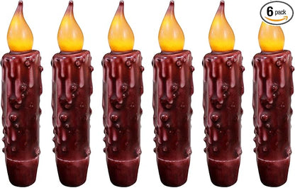 CVHOMEDECO. Real Wax Hand Dipped Battery Operated LED Timer Taper Candles Country Primitive Flameless Lights Décor, 4-3/4 Inch (Burgundy 6 PCS)
