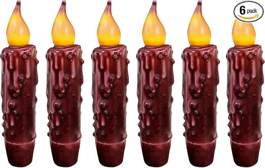 CVHOMEDECO. Real Wax Hand Dipped Battery Operated LED Timer Taper Candles Country Primitive Flameless Lights Décor, 4-3/4 Inch (Burgundy 6 PCS)