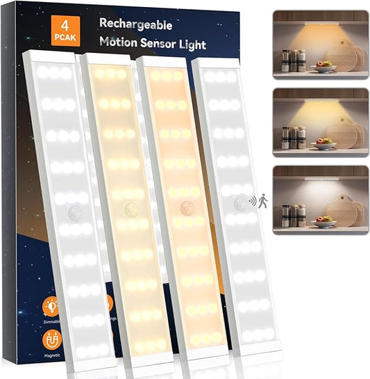 4 Pack Under Cabinet Lights, Rechargeable Motion Sensor Light Indoor Magnetic Closet Lights, Under Counter Lights for Kitchen, Wardrobe, Hallway, Stairs