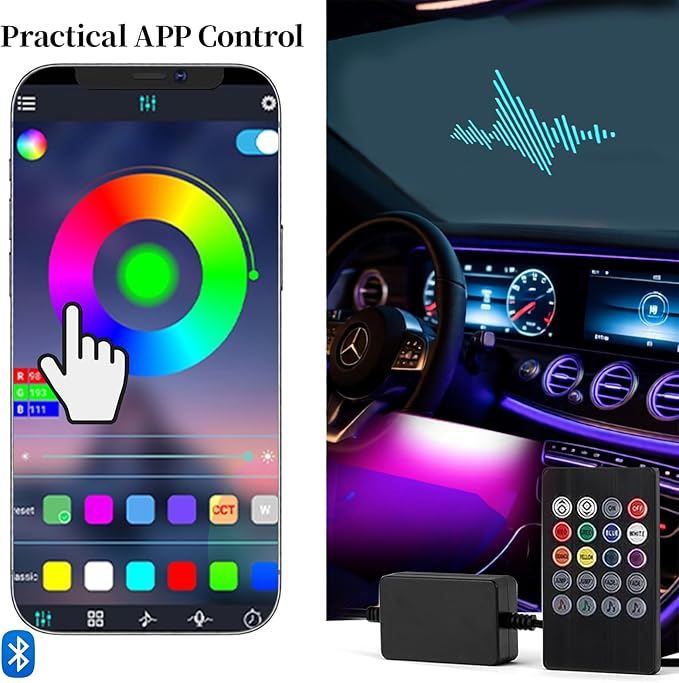 DIBMS RGB Car Strobe Safety Lights with Remote,Interior LED Light for Car Accessories Women Men Husband Birthday Gift APP Control with USB Port Music Sync Color Change for Truck Decor 12V Dashboard