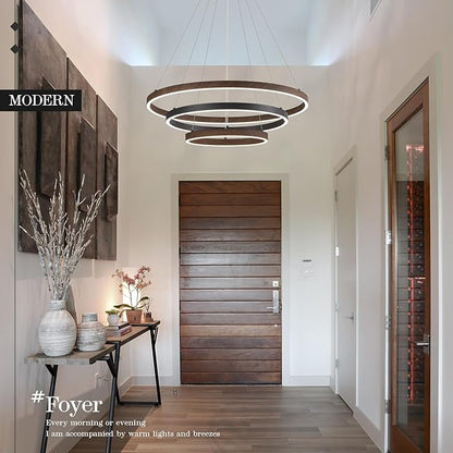 LED 3 Ring Chandelier Dining Room Modern Black Chandelier with Remote Control Dimmable High Ceiling Pendant Light for Entry Foyer Living Room Bedroom Kitchen Island, 75W