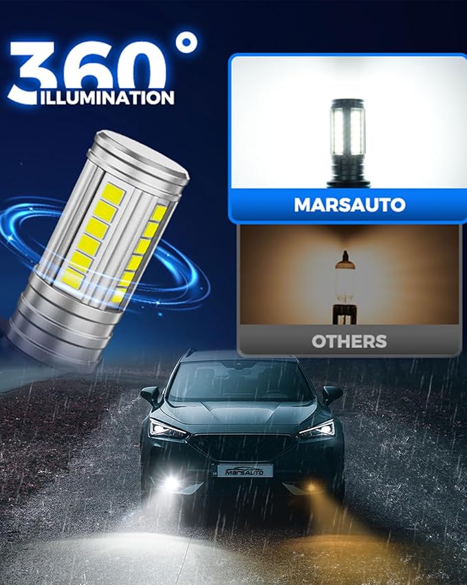 Marsauto H11 H16 H8 Led Fog Light Bulb 12,000LM, 1:1 Size 360° Illumination H16 H8 Fog Lights Led, 600% Bright Strong Penetration, Upgraded LED Chips H11 Fog Light Bulbs for Car, Tail Light Covers