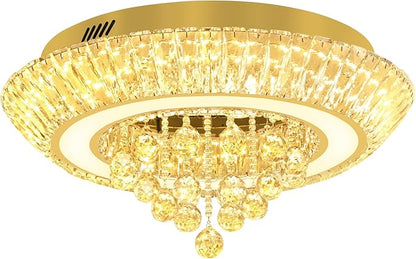 Modern Crystal Chandelier for Living Room, Modern Led Dimmable Gold Ceiling Light with Remote Control, 24in Flush Mount Crystal Chandeliers for Dining Room