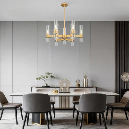 LIGHTDAMY Gold Chandelier,9 Light Farmhouse Chandeliers for Dining Room Light Fixtures Over Table,Kitchen Hanging Lighting with Clear Glass Class for Living Room Kitchen Island Hallway Foyer 28"