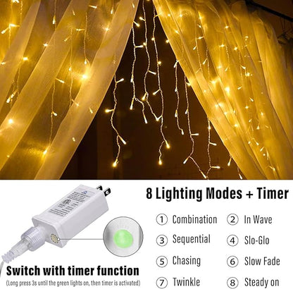 Joomer Christmas Icicle Lights - 66FT String Lights Outdoor Waterproof, 8 Modes Timer Connectable Plug-in String Light for Eaves, Roofs, Christmas Decorations (Warm White, Non-Connectable)
