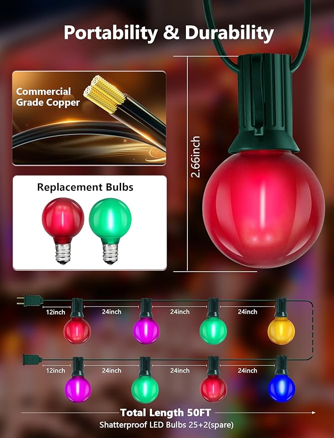 50Ft G40 Globe Outdoor String Lights, Waterproof Patio Lights with 27 Shatterproof Frosted Multicolor LED Bulbs, Connectable Hanging Lights for Home Party Porch Backyard and Christmas Tree Decor