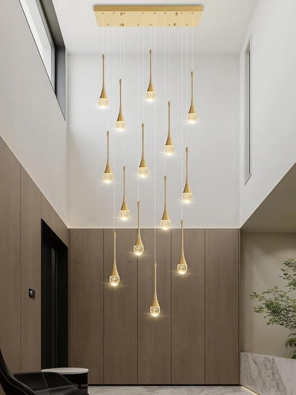 ykolupty 14-Light Modern LED Pendant Lighting Fixture for Kitchen Island Raindrop Crystal Chandelier Gold Chandelier for Dining Room High Ceiling Chandeliers for Staircase Foyer Hallway Villa