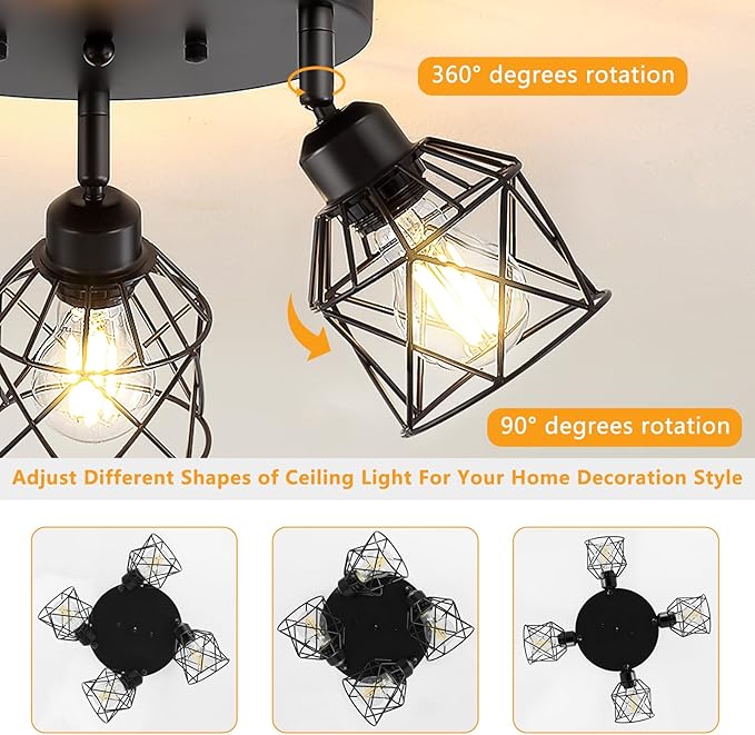 Baocuz 4-Light Kitchen Light Fixtures Ceiling Mount, Adjustable Multi-Directional Black Flush Mount Ceiling Light Fixture, Farmhouse Metal Cage Ceiling Lights for Dining Room Entryway Hallway