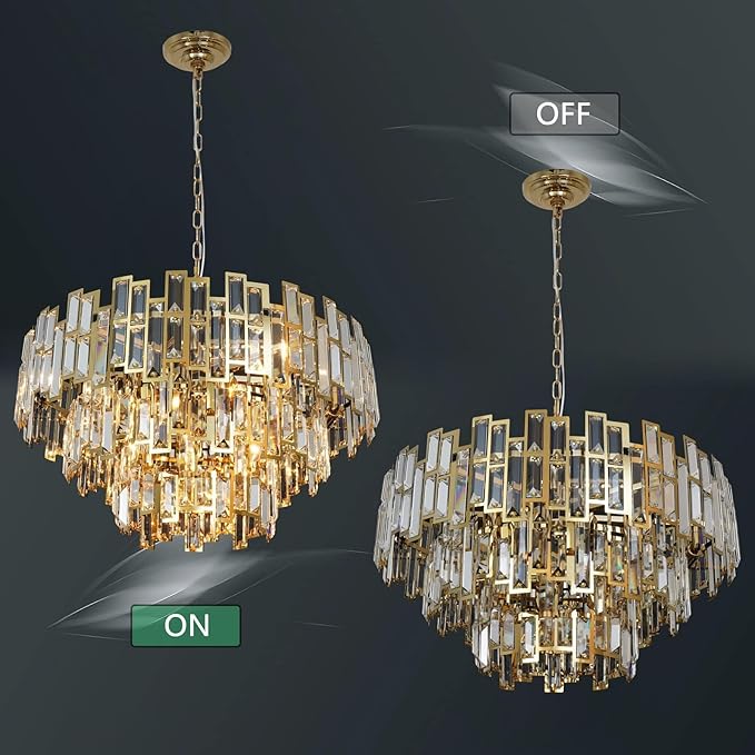 Crystal Chandelier Plated Gold Modern Round Chandeliers for Dining Room Bedroom Kitchen Entryway Chandelier Contemporary Pendant Ceiling Light Fixture Hanging W24.4 10-Light 3-Tier